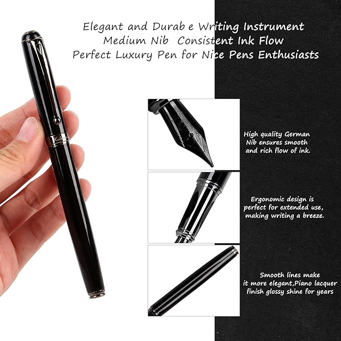 Fountain Pen-Smooth Writing Metal Water Pen with Gift Case Fine Nib Consistent Ink Flow Luxury Pen for Nice Pens Includes a Calligraphy Nib 8 Cartridges a Ink Refill Converter(Grey)