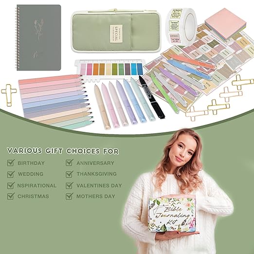 Bible Study Supplies Kit for Women 96PCS Bible Journaling Kit with Bible Tabs for Women,Bible Highlighters and Pens, Bookmark, Journal, Bible Bag, Stationary Gift Set[Green]