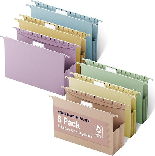 XINGIA Extra Capacity Hanging File Folders Legal Size, Heavy Duty 4 Inch File Folders with Tabs,6 Pack Pastel Wheat Straw Filing Folders for File Cabinet,Expandable File Organizer for School Office