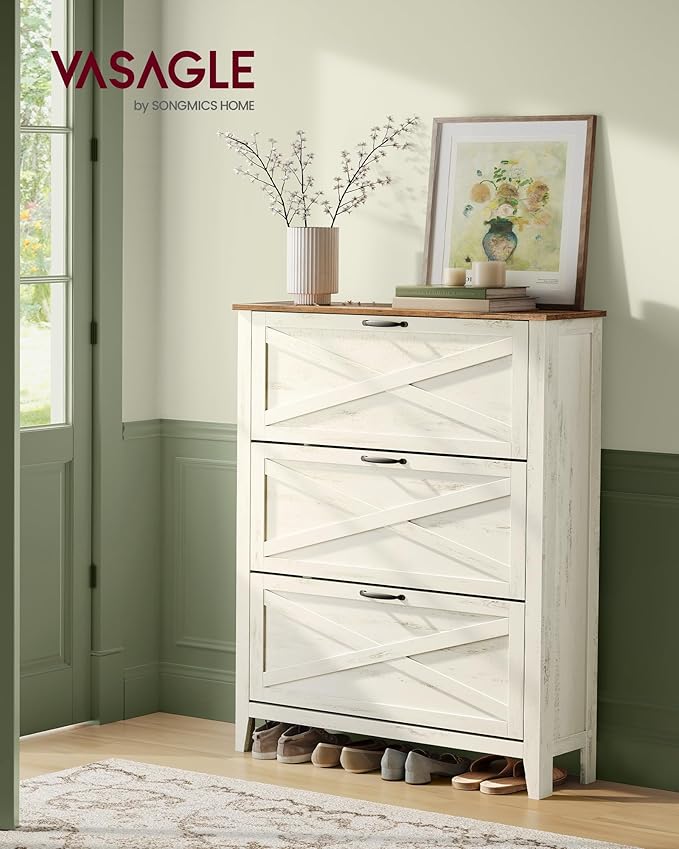 VASAGLE LIRY Collection - Shoe Storage Cabinet Organizer with 3 Flip Drawers, Freestanding Narrow Shoe Rack Cabinet for Entryway, Farmhouse Style, Fits 18 to 24 Pairs, Rustic White UHSC301W02