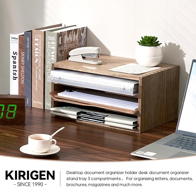 KIRIGEN Wooden Desktop Organizer Paper Storage Letter Tray File Sorter with 3 Layer Trays - Desk Rack Magazine File Dividers Holders for Home Office Accessories Dark Brown (3KWJG-DBR)