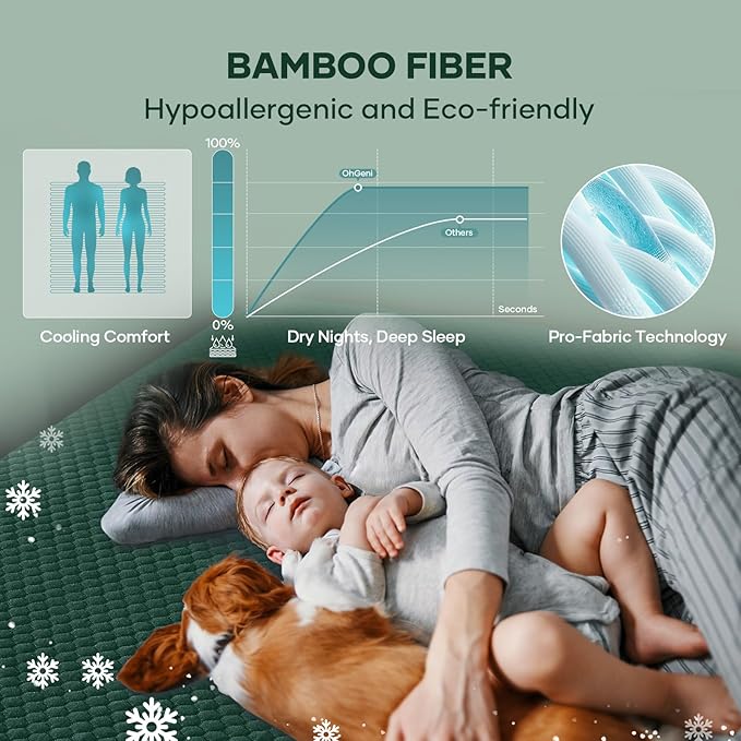 OhGeni 100% Waterproof Mattress Protector,Queen Size Mattress Soft Pad,Hair & Bedwetting Resistant,Cooling Breathable Fitted Sheets,Washable Bed Cover,Non-Slip Deep Pocket,Noiseless for Bedroom,Green