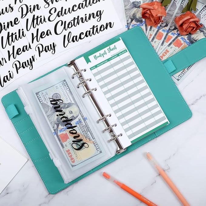 SKYDUE Budget Binder, Money Saving Binder with Zipper Envelopes, Cash Envelopes and Expense Budget Sheets for Budgeting (Turquoise)