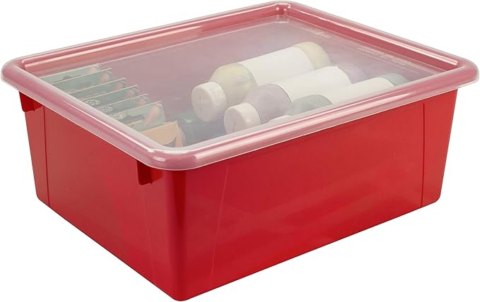 Storex Letter Size Deep Storage Tray – Organizer Bin with Non-Snap Lid for Classroom, Office and Home, Red, 5-Pack (62545A05C)