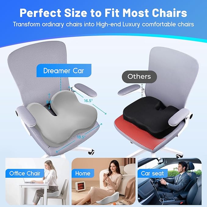 Seat Cushion for Tailbone & Sciatica Pain Relief - Plush Yet Supportive Ergonomic Memory Foam Chair Cushions for Office Chair, Car, Wheelchair,Airplane & Long Sitting(Light Gray)