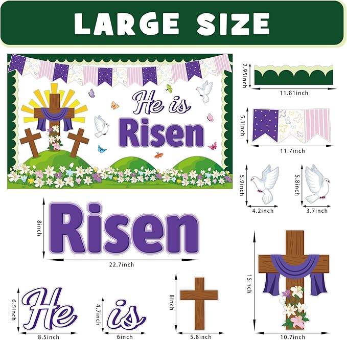 Easter Spring Bulletin Board Decorations Set, He is Risen Floral Cross Classroom Decoration Butterflies Lily Cutouts Christian Jesus Library Sunday School Window Wall Decor for Teacher(He is Risen)