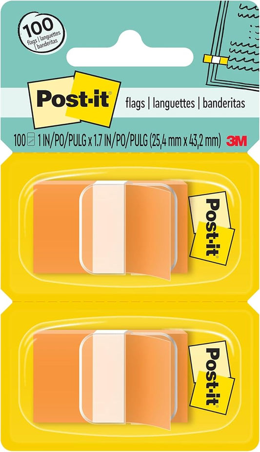 Post-it Flags, 1 in. x 1.7 in., Two Dispensers with 50-Count Orange Sticky Tabs Per Dispenser (100 Flags Total), Removable Page Markers for Planners, Journals, and Calendars