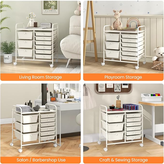 COSTWAY Rolling Storage Cart with 9 Drawer, Mobile Utility Cart with Metal Frame, Art Supply Craft Organizer, Multipurpose Storage Organizer for Paper, Office, School Teacher, Classroom, White