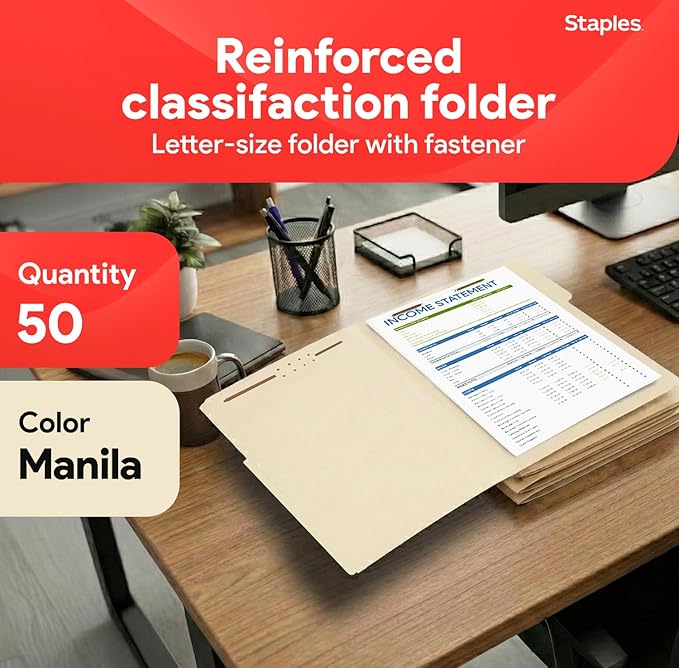 Staples Reinforced Classification Folder with Fasteners, Letter Size, 3/4″ Expansion, Manila Pressboard, Durable Construction, 50/Pack