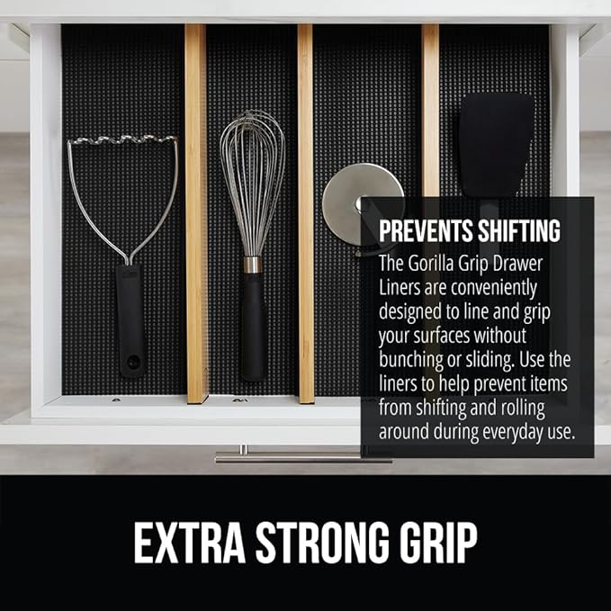 GORILLA GRIP powerGRIP Drawer Shelf and Cabinet Liner, Thick Strong Hold, Non-Adhesive Liners Protect Kitchen Cabinets and Cupboard, Bathroom Drawers, Easy Install, Breathable Mat, 12" x10', Black