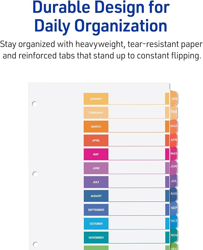 Avery Jan-Dec Dividers for 3 Ring Binders, 12 Tabs per Set, Customizable Table of Contents, Multicolor Tabs, Great for Organizing Reports, Projects, and More (24 Sets of 11127)