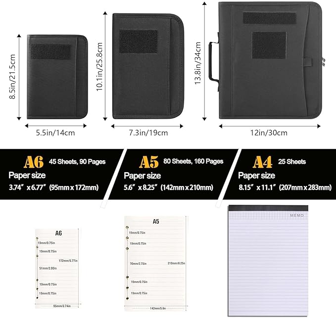 Kosibate Tactical Notebook Padfolio Ring Binder with 80 Sheets, Tactical Binder Zippered for Folders, Cards Refillable 6-Ring Notepad,Army Military Waterproof Notebook Cover(Black,7.3"x10.1")