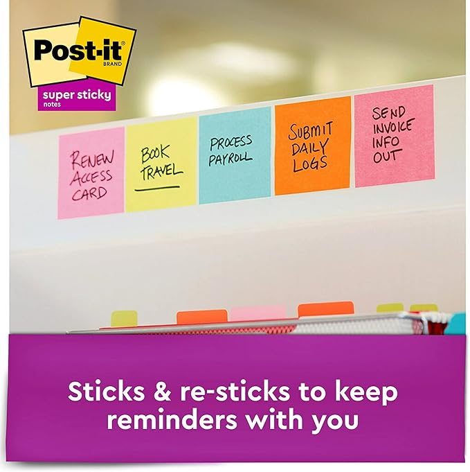 Post-it Super Sticky Notes, 3x3 in, 3 Pads, 2X The Sticking Power, Supernova Neons, Bright Colors, Recyclable (3321-SSMIA), (Pack of 48)