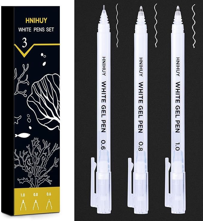 HNIHUY 0.6/0.8/1.0mm Fine Point White Gel Pens, 3 Pack for Artists Drawing, Sketching, Illustration, Adult Coloring Books. Opaque White Ink for Black Paper, Bullet Journaling, Card Making