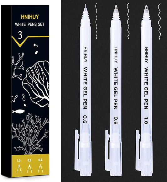 HNIHUY 0.6/0.8/1.0mm Fine Point White Gel Pens, 3 Pack for Artists Drawing, Sketching, Illustration, Adult Coloring Books. Opaque White Ink for Black Paper, Bullet Journaling, Card Making