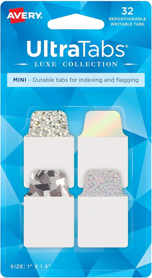 Avery Ultra Tabs Luxe Collection, 1" x 1.5" Mini Tabs, Holographic Iridescent Designs, Repositionable, 32 Total (74178)