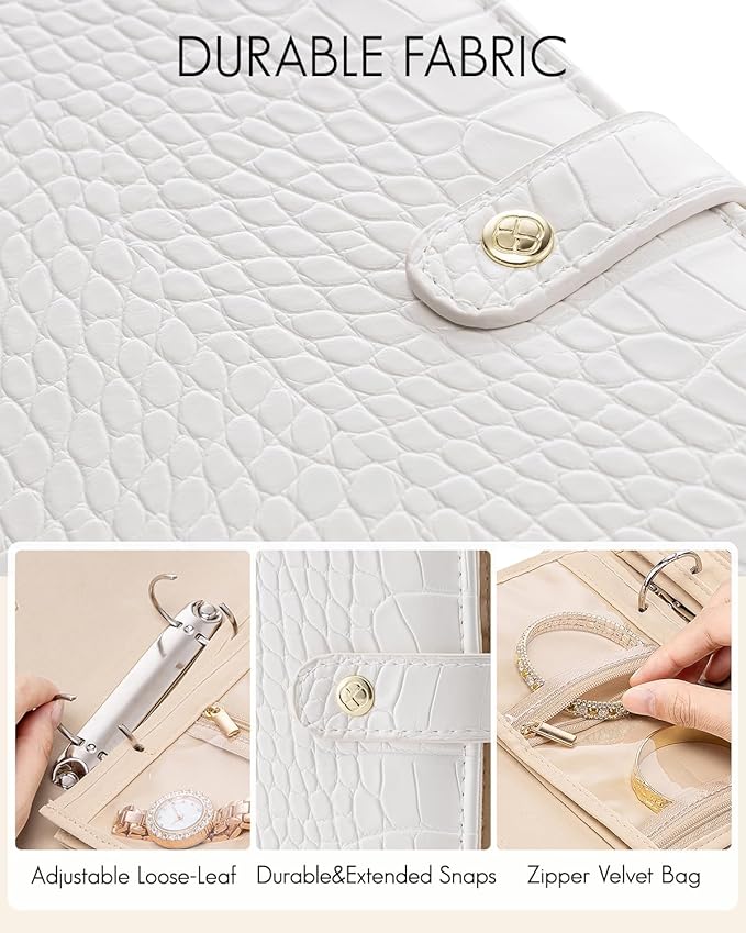 Vlando Travel Jewelry Case,Jewelry Organizers and Storage Jewelry Book Ring Binder with Clear Zipper Velvet Jewelry Pouches Bags for Rings,Necklace,Earrings-White