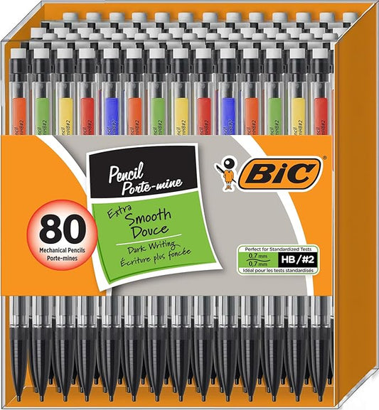 BIC Mechanical Pencils #2 Extra Smooth, 0.7 mm Medium Point, Transparent Barrels with Assorted Colored Clips - Bulk Pack of 80 Lead Pencils
