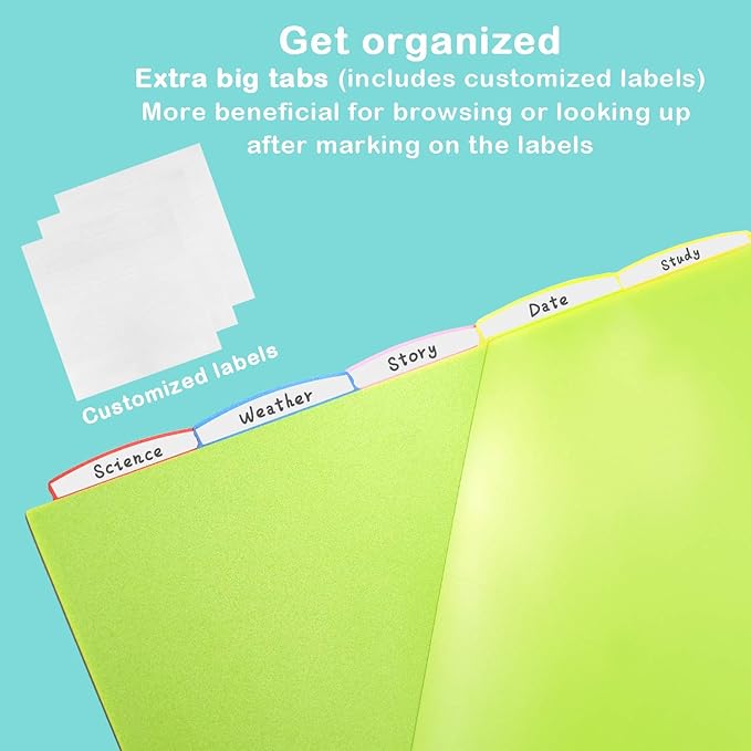 Plastic 5-Tab Dividers with Clear Front Pockets -2 Sets, Pocket Dividers for 3-Ring Binders, Multi-Color Binder Dividers, Total 10 Tabs