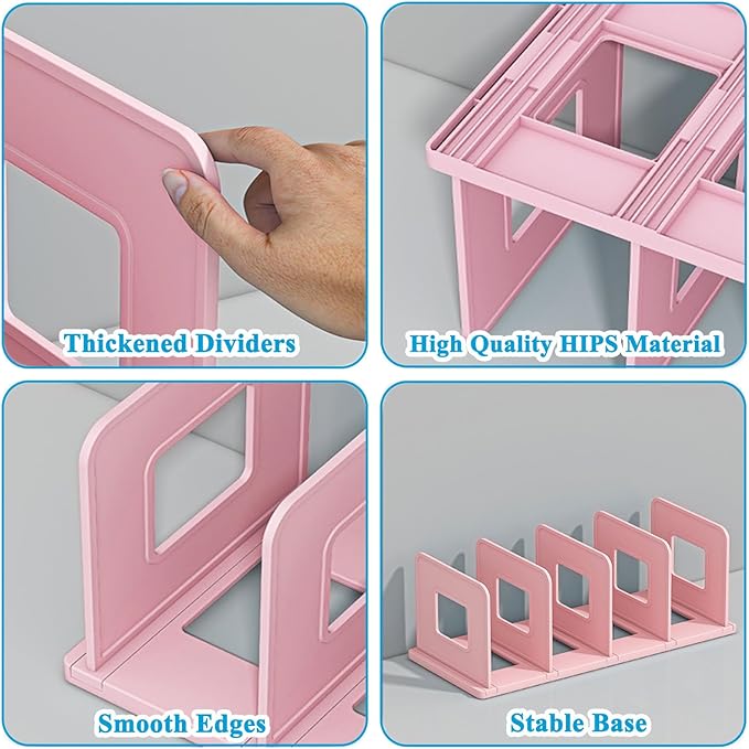 SAYEEC Desk File Sorter Vertical Desktop File Folder Organizer 4 Section Plastic Book Holder Adjustable Shelf Dividers Closet Purse Handbag Mail Binder Organizer Magazine Rack Stand Bookshelf (Pink)
