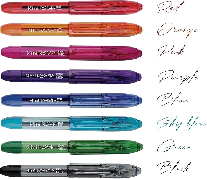 RSVP Mini Ballpoint Pen, (1.0mm) Medium Line, Assorted Ink Colors, w/Key Ring, 8 Pack
