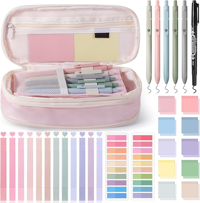 49Pcs Book Annotation Kit - Aesthetic School Supplies with Cute Pen Case Highlighters Gel Pens and Marker, Sheets Transparent Index Tabs Sticky Notes Bible Study Supplies (Pink)