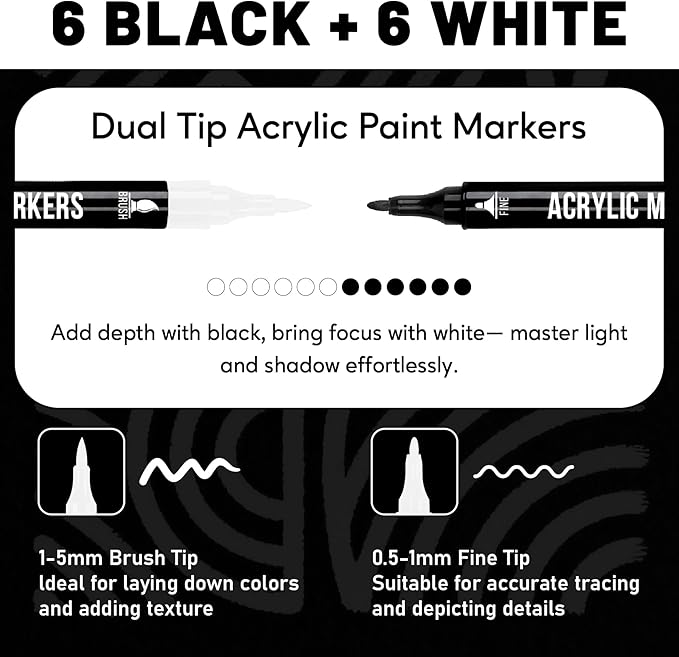 Black and White Acrylic Paint Markers, 12 Pack Dual Tip with Fine Tip and Brush Tip Pens for Stone, Wood, Calligraphy, Canvas, Ceramic, Metal, Glass, Rock Painting, DIY Crafts