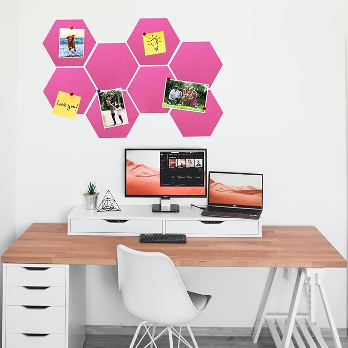 8 Pcs Hexagon Felt Cork Bulletin Board Tiles, Self Adhesive DIY Bulletin Board Pin Board for Office School Home Wall Decor Memos Photos Display(Rose Pink)