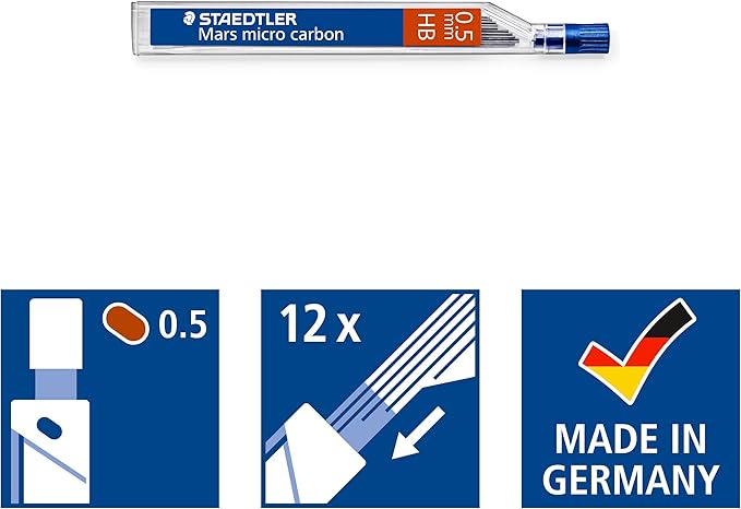 Staedtler Micro Mars Carbon Mechanical Pencil Lead, 0.5mm, HB, 60mm x 12 (250 05 HB)
