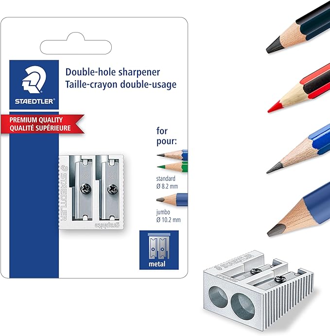 STAEDTLER Metal Double-Hole Pencil Sharpener - Precision 23° & 30° Angles for Standard & Colored Pencils - 3-Point Blade Design for Sharp Lines