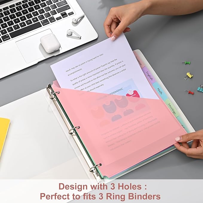【5 Tabs Dividers with Pockets for 3 Ring Binder, 5 Count Binder Dividers for US Letter Size, Tabbed Dividers for School, Office, and Home Organization, 5 Pastel Colors (1)】