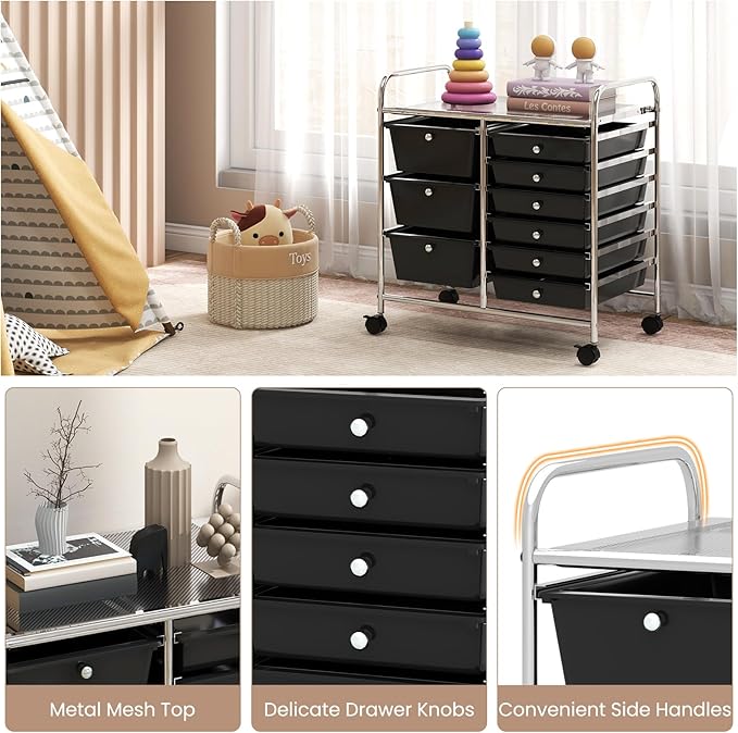 COSTWAY Rolling Storage Cart with 9 Drawer, Mobile Utility Cart with Metal Frame, Art Supply Craft Organizer, Multipurpose Storage Organizer for Paper, Office, School Teacher, Classroom, Black