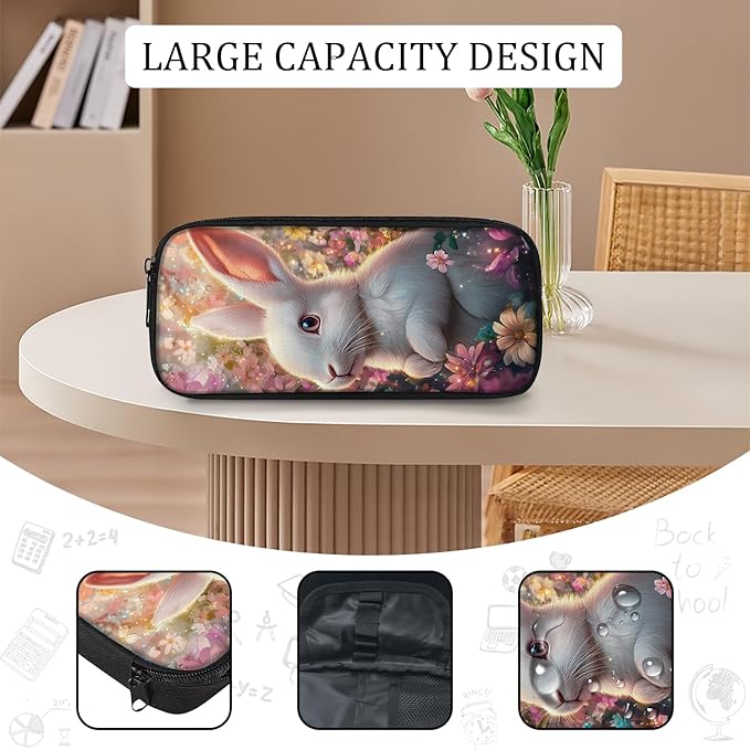 Rabbit Flower Backpack Set 3 Piece School Bags and Lunch Box with Pencil Case Rabbit Floral Animal Bookbag Set For Toddler Kids Girls Boys Teens Kindergarten Elementary Middle