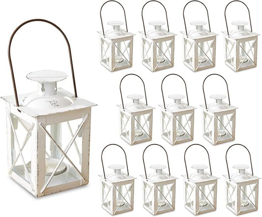Kate Aspen Decorative Lanterns - Set of 12 - Luminous Distressed Metal Lantern Candle Holders for Wedding, Home Decor and Party - 4.5" H (6.5" H with Handle) – White