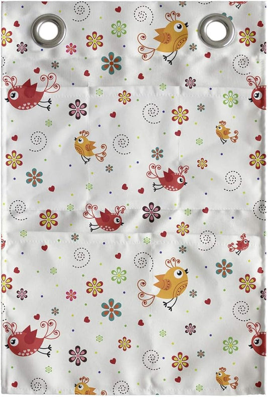 Ambesonne Cartoon Hanging Pocket Organizer, Birds Swirls Flowers and Mini Hearts Nature Inspired Drawing Style Happy Animals, Printed Polyester Storage Bag with Pockets, 14" x 20", Multicolor