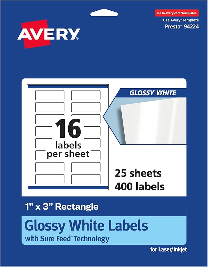 Avery Glossy White Rectangle Labels, Sure Feed Technology, 1" x 3", 400 Glossy White Labels, Print-to-The-Edge, Permanent Adhesive, Laser/Inkjet Printable