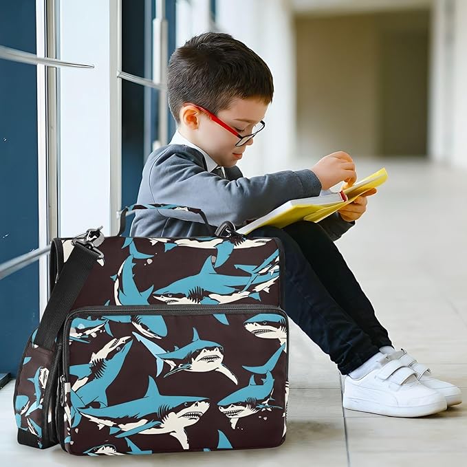 Shark Blue Ocean Black Zipper Binder Bag 3 Ring Binder with Shoulder Strap Zip Up 500 Sheets Capacity Multi Pockets for School Office Supplies