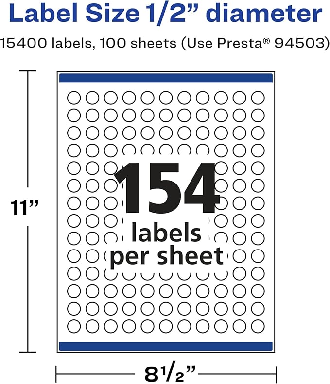 Avery Glossy White Round Labels, Sure Feed Technology, 1/2" Diameter, 15,400 Glossy White Labels, Print-to-The-Edge, Permanent Adhesive, Laser/Inkjet Printable