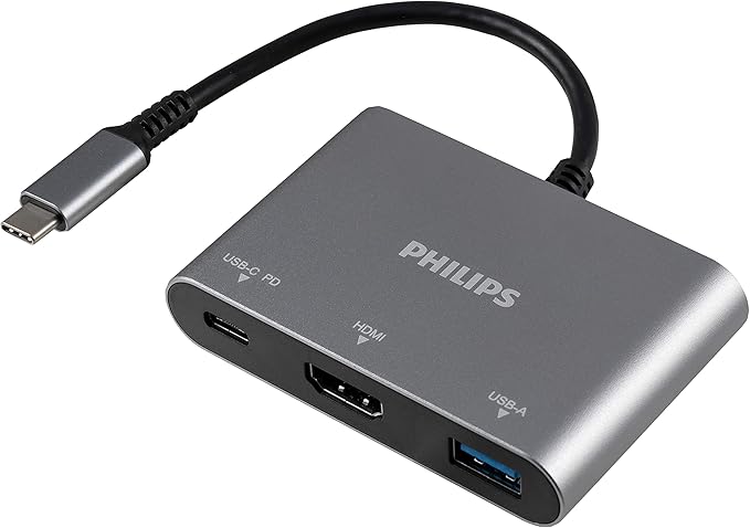 Philips USB C Hub to Multiport Adapter, 3 in 1 Power Pass Through, HDMI 4k@30Hz, 60W USB C Charging Port, 5Gbps USB 3.0 Port for MacBook Pro, MacBook Air, UCB C Laptop Docking Station, DLK9220C/27