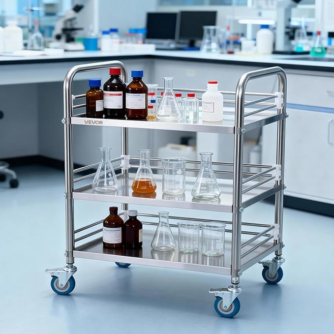VEVOR Stainless Steel Rolling Cart, 3-Tier Metal Utility Cart with Lockable Wheels, Medical Serving Trolley Clinic Tray, Mobile Service Cart for Hospital, Lab, Restaurant, Kitchen, Salon