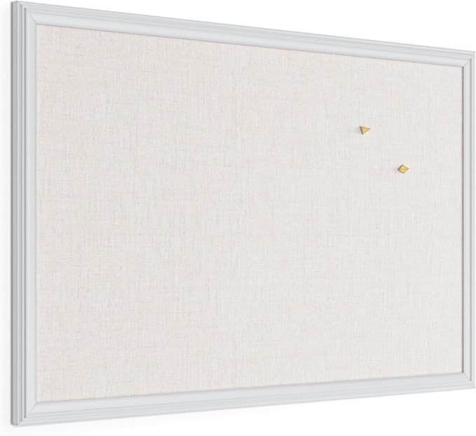 U Brands Farmhouse Linen Bulletin Board, 30" x 20", White Wood Frame, Wall Mounted Pin Board for Home Office, Classroom & Kitchen, Includes Push Pins