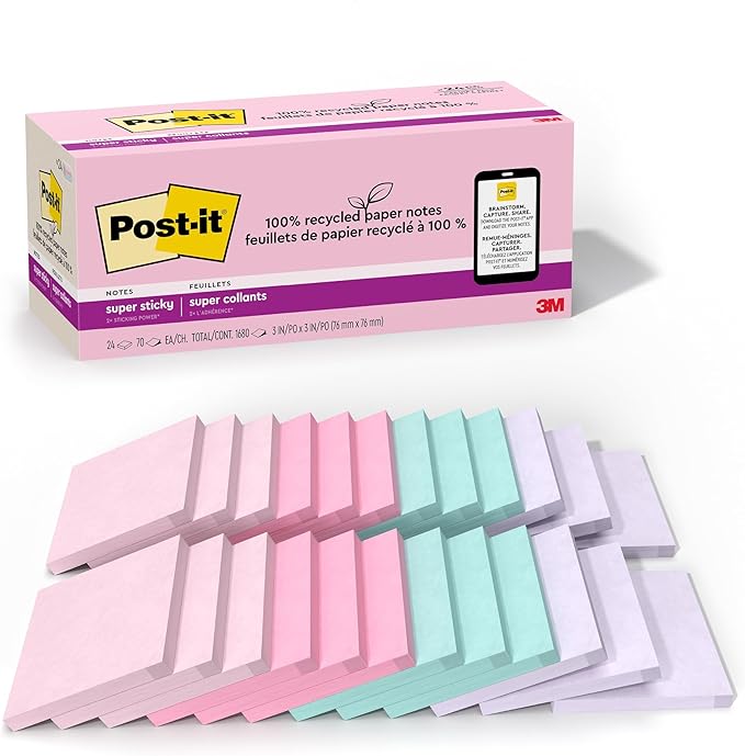 Post-it 100% Recycled Paper Super Sticky Notes, 3 in. x 3 in., 24 Pads, 70 Sheets per Pad, Wanderlust Pastels, New Year Organization or Second Semester School Supplies