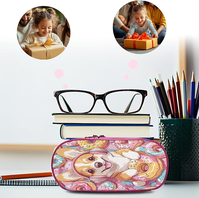 Corgi Donuts Backpack Set 3 Piece School Bags and Lunch Box with Pencil Case Pink Cartoon Dog Donut Animal Bookbag Set for Toddler Kids Girls Boys Teens Kindergarten Elementary Middle