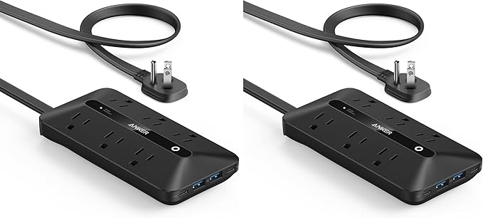 Anker 300J Flat Plug 10-in-1 Ultra Thin Power Strip with 6 AC, 2 USB-A & 2 USB-C Ports, Extension Cord, Desk Charging Station for Home, Office, College, Dorm, 5 Feet, Black (Pack of 2)