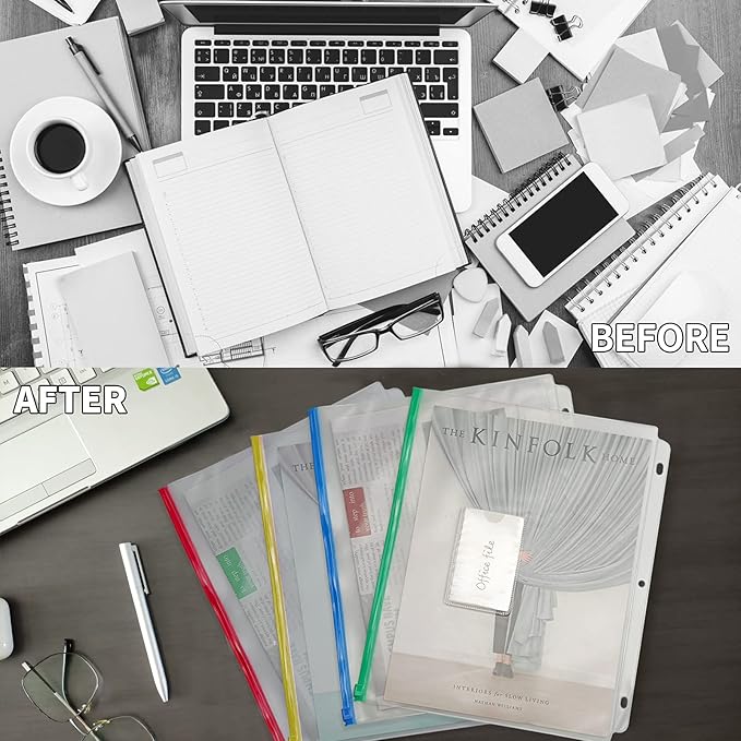 YoeeJob 16 Packs 3-Hole Clear Zipper Binder Pockets, Binder Insert Pages with Card Slots Suitable for School or Office to Organize Document, Assorted Color Zippers
