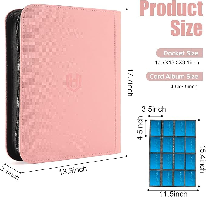 Card Binder 16 Pocket with Zipper, 1024 Pockets Trading Card Holder Book, Premium PU Cover Zip Folder Binder, Side Loading Carrying Case Binder Album for TCG, MTG, Sports Cards, Game Cards