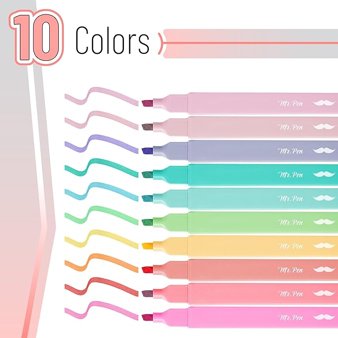 Mr. Pen- Aesthetic Highlighters, 10 pcs, Chisel Tip, Pastel Colors, Cute Highlighters Assorted Colors (Pack of 2)