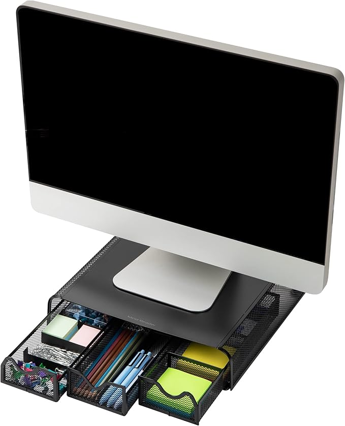 Mind Reader Monitor Stand, Ventilated Laptop Riser, Desktop Organizer, Storage, Metal Mesh, 13.25"L x 12.5"W x 3"H, Black