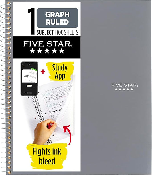 Five Star Spiral Notebook + Study App, 1 Subject, Graph Ruled Paper, 8-1/2" x 11", 100 Sheets, Fights Ink Bleed, Water Resistant Cover, Gray (620000AA3)