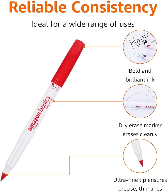 Amazon Basics Low Odor Ultra Fine Tip Dry Erase Whiteboard Markers for Precise Writing, Thin Lines, Assorted Colors, 12-Pack